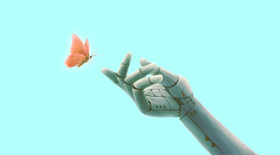 Robot hand reaching out to touch a butterfly representing the internet