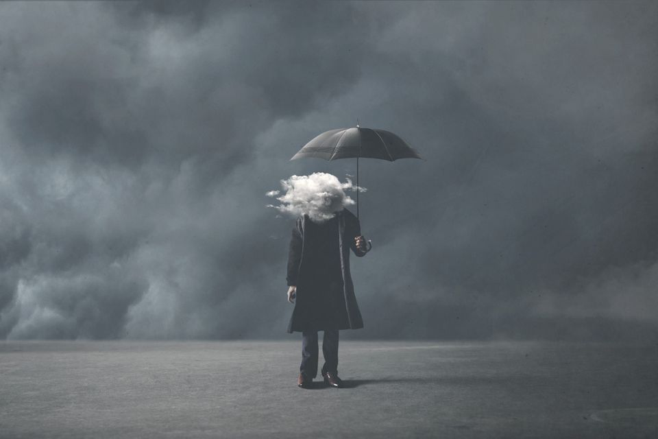 Painting of man with an umbrella representing chemical imbalance and depression